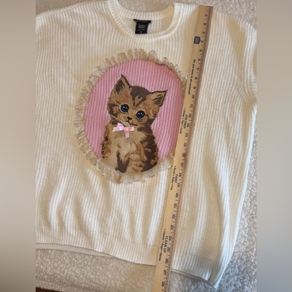Sweet Society Cream Kitten Portrait Lace Trim Sweater Knit Top LG - Picture 5 of 7